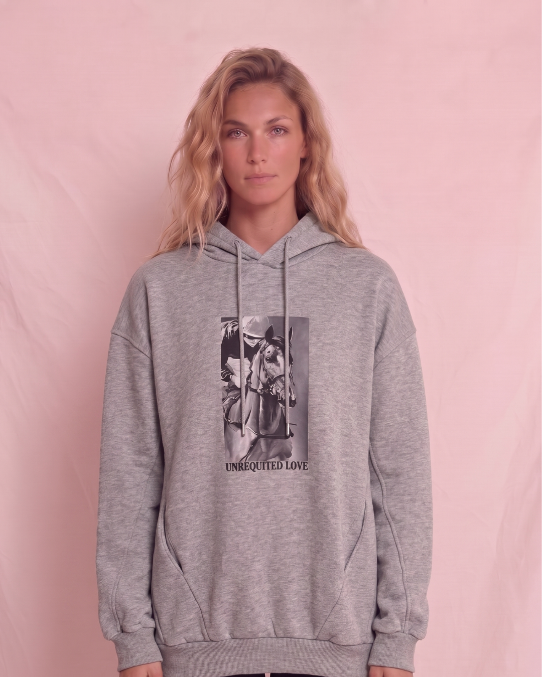 Kapşonlu Baskılı Cep Detaylı Kadın Oversize Sweatshirt Gri