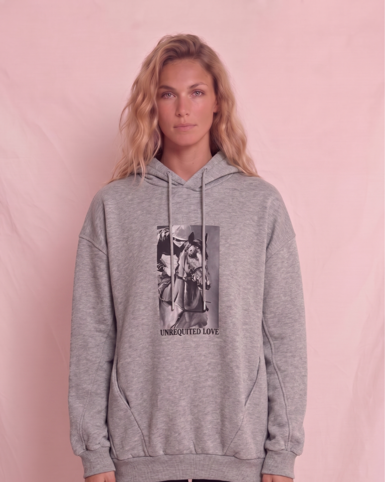 Kapşonlu Baskılı Cep Detaylı Kadın Oversize Sweatshirt Gri