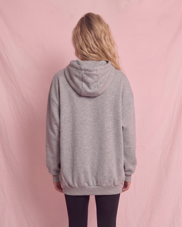 Kapşonlu Baskılı Cep Detaylı Kadın Oversize Sweatshirt Gri