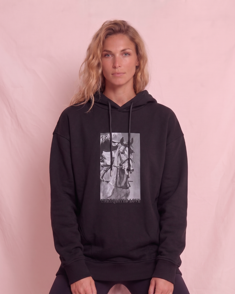 Kapşonlu Baskılı Cep Detaylı Kadın Oversize Sweatshirt Siyah