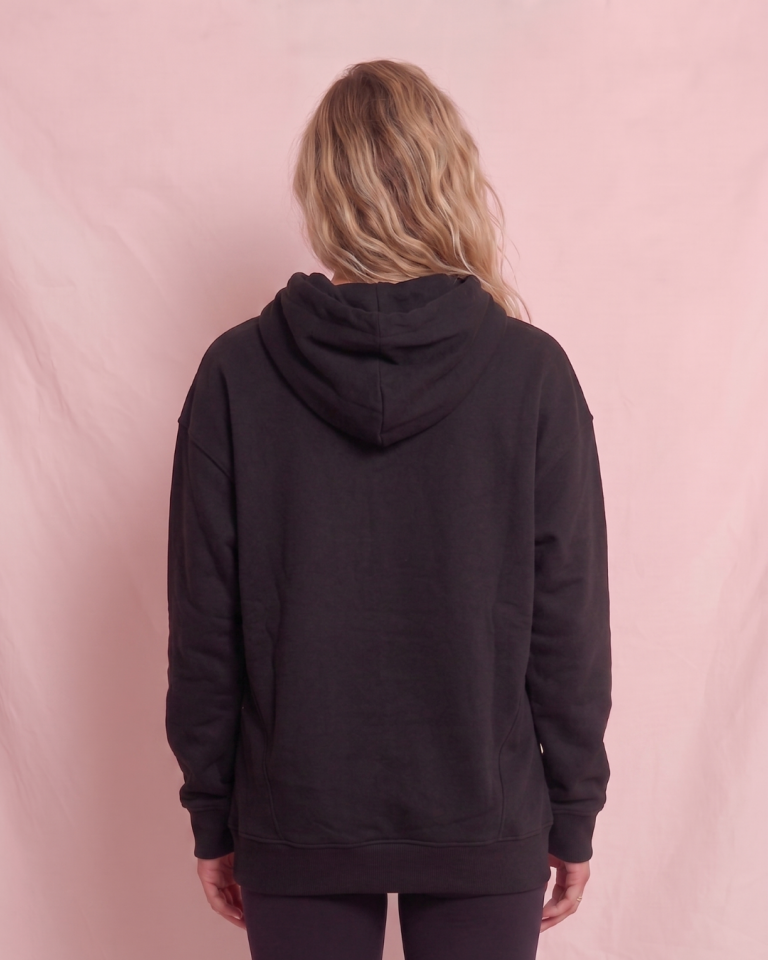 Kapşonlu Baskılı Cep Detaylı Kadın Oversize Sweatshirt Siyah
