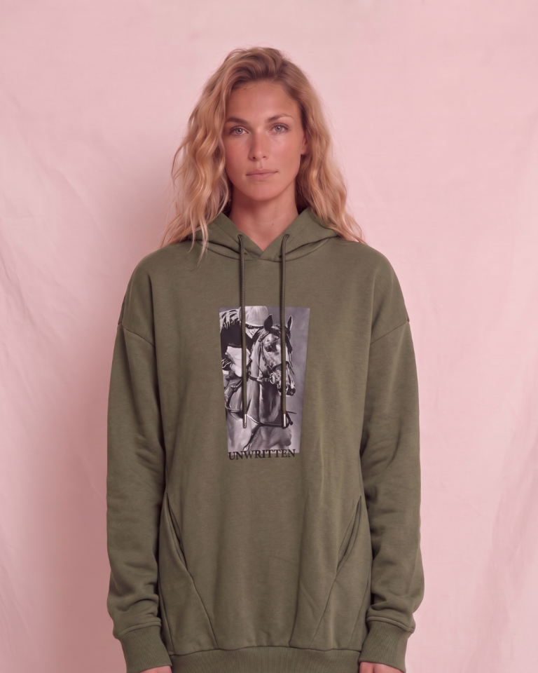 Kapşonlu Baskılı Cep Detaylı Kadın Oversize Sweatshirt Yeşil