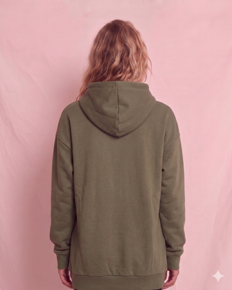 Kapşonlu Baskılı Cep Detaylı Kadın Oversize Sweatshirt Yeşil