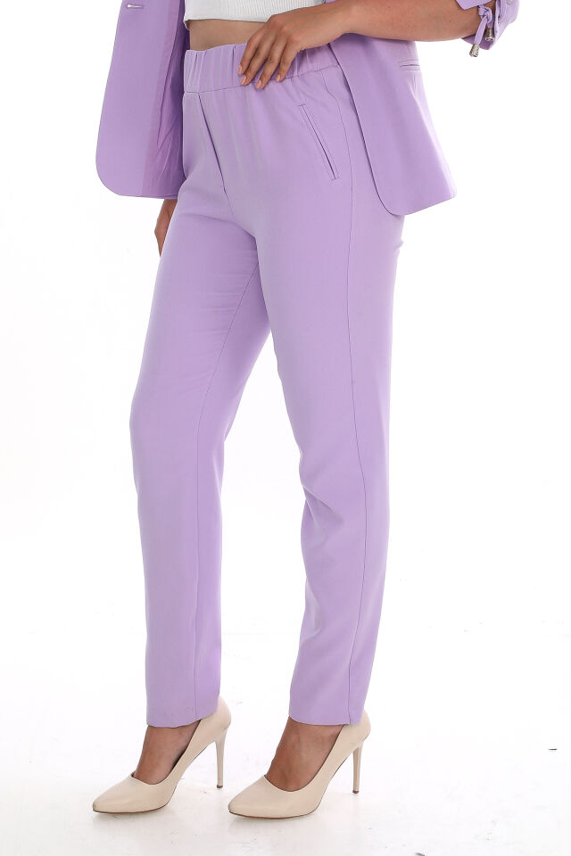 Kadın Beli Lastikli Rahat Kesim Cepsiz Kumaş Pantolon - LİLA