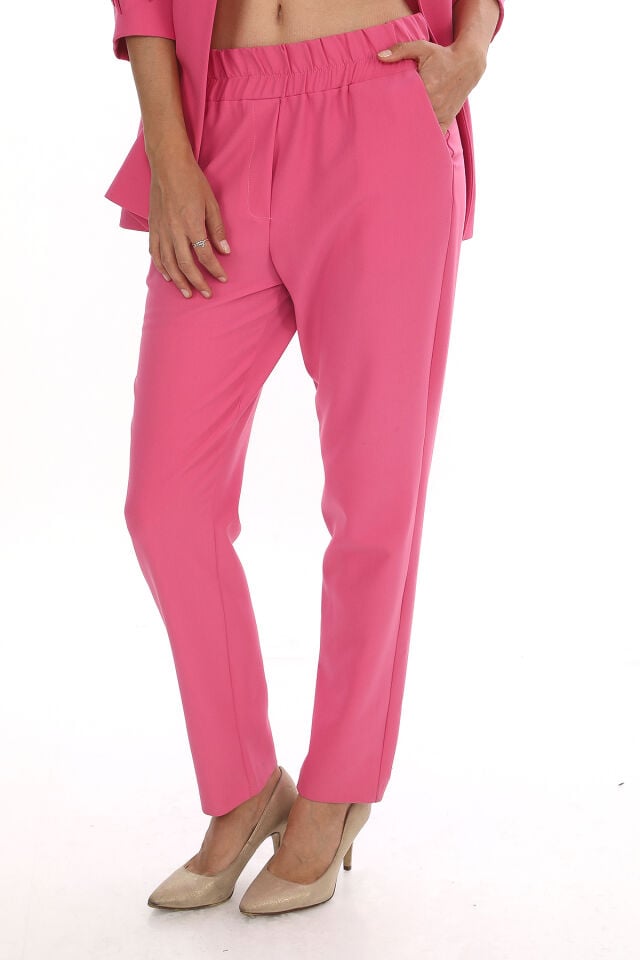 Kadın Beli Lastikli Rahat Kesim Cepli Kumaş Pantolon - PEMBE
