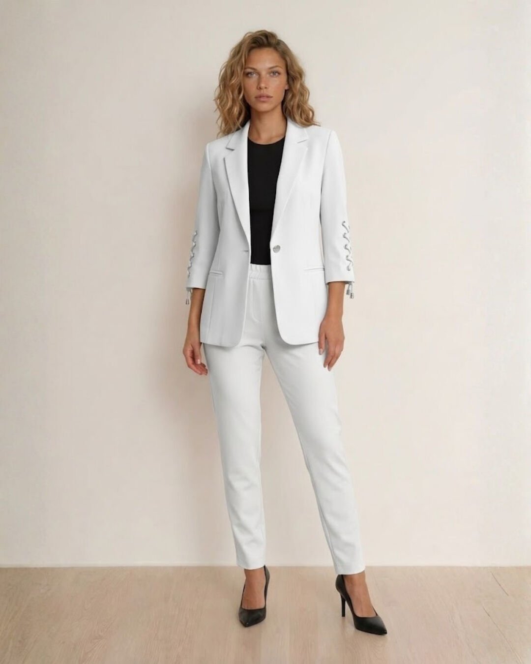 Dina Yarım Kol Blazer Ceket & Pantolon Takım - BEYAZ