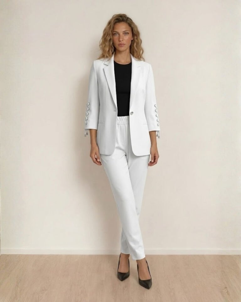 Dina Yarım Kol Blazer Ceket & Pantolon Takım - BEYAZ