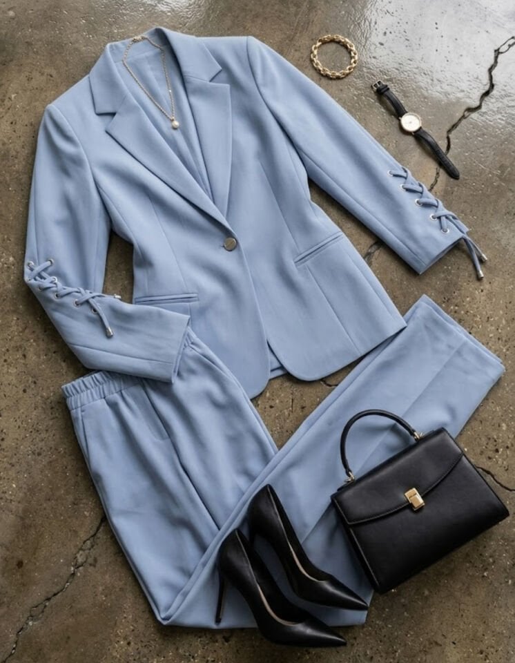 Dina Yarım Kol Blazer Ceket & Pantolon Takım - BUZ MAVİ