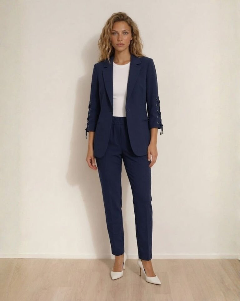 Dina Yarım Kol Blazer Ceket & Pantolon Takım - LACİVERT