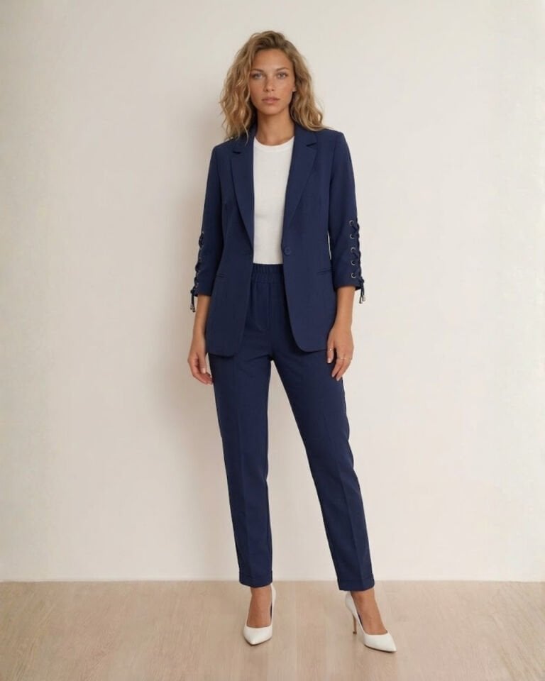 Dina Yarım Kol Blazer Ceket & Pantolon Takım - LACİVERT