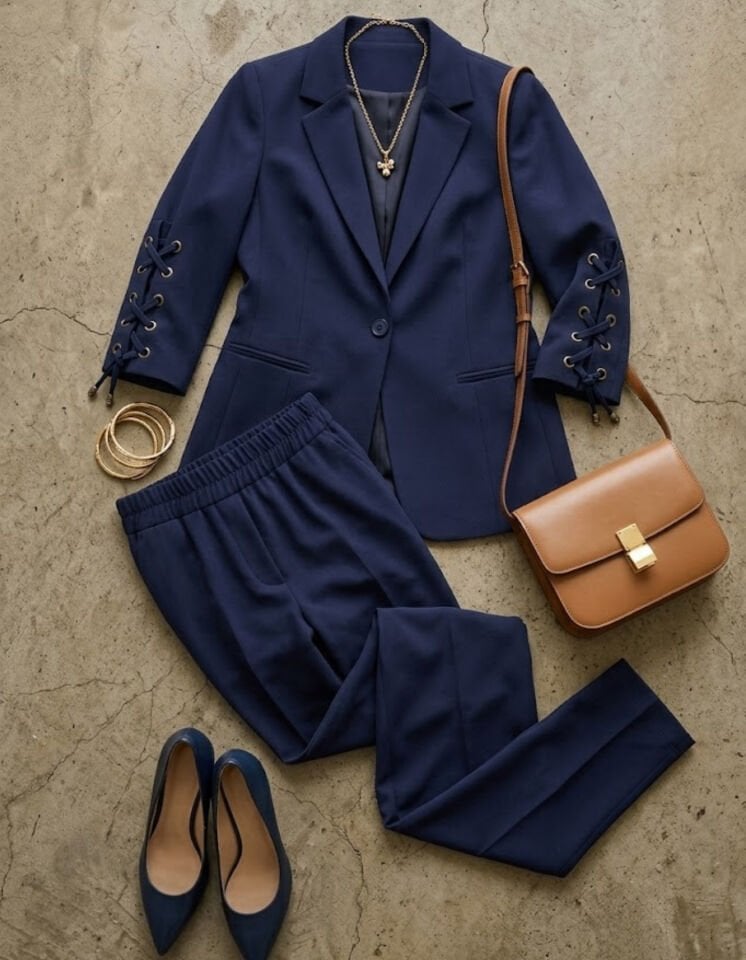 Dina Yarım Kol Blazer Ceket & Pantolon Takım - LACİVERT