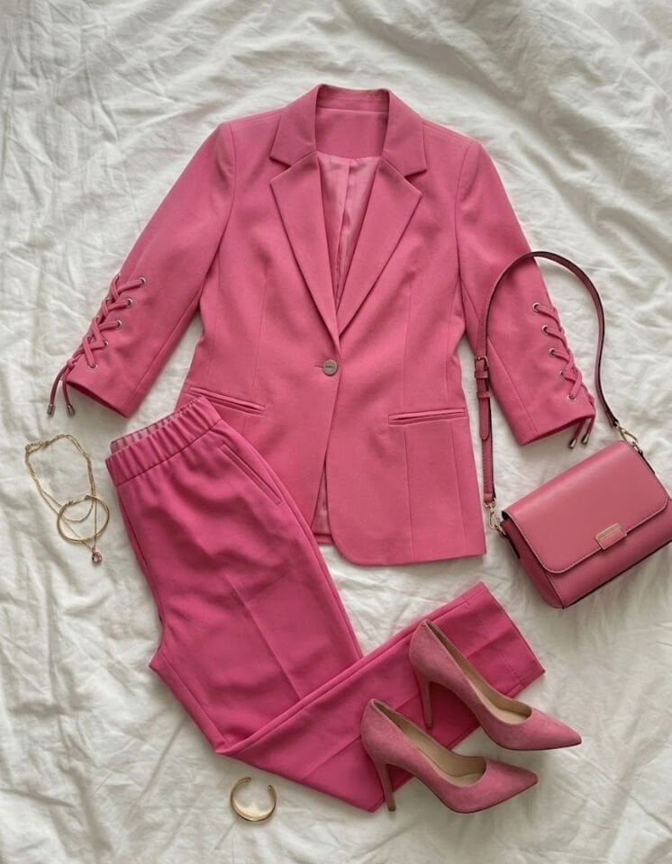 Dina Yarım Kol Blazer Ceket & Pantolon Takım - PEMBE