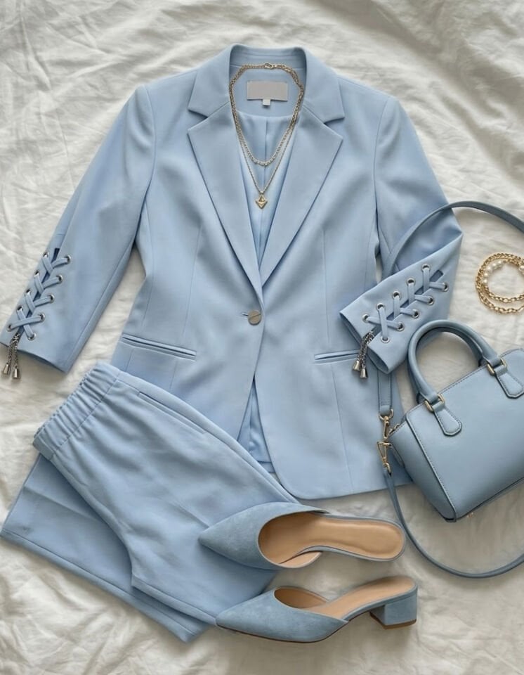 Dina Yarım Kol Blazer Ceket & Pantolon Takım - SU MAVİ