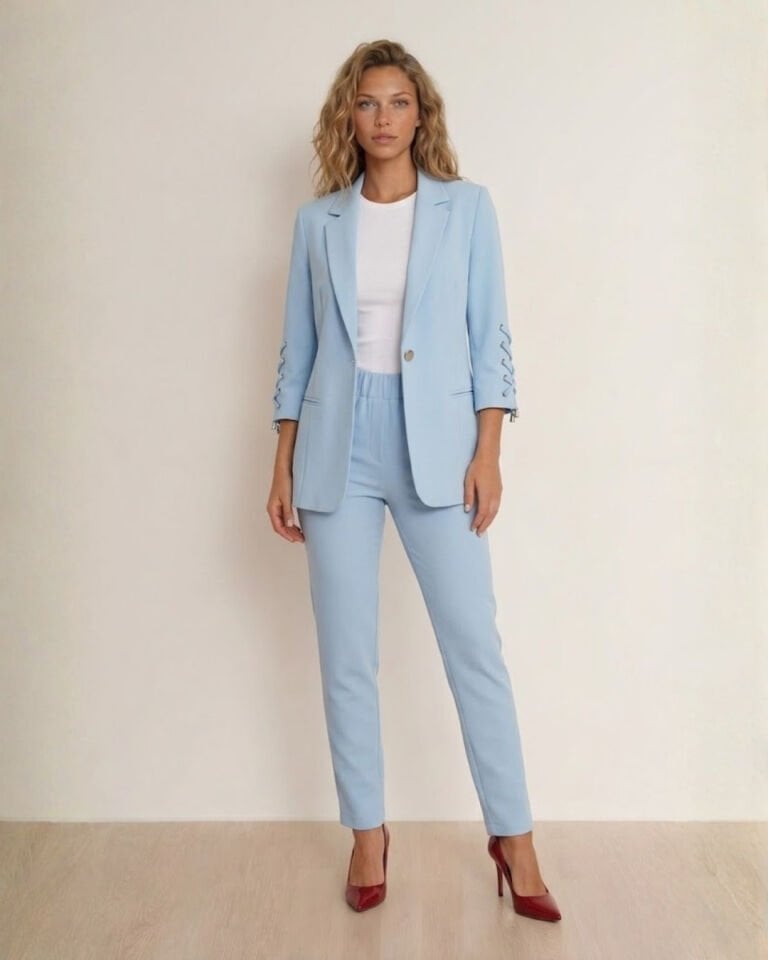 Dina Yarım Kol Blazer Ceket & Pantolon Takım - SU MAVİ