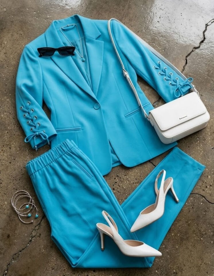 Dina Yarım Kol Blazer Ceket & Pantolon Takım - TURKUAZ