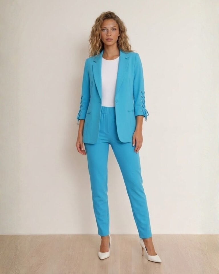 Dina Yarım Kol Blazer Ceket & Pantolon Takım - TURKUAZ