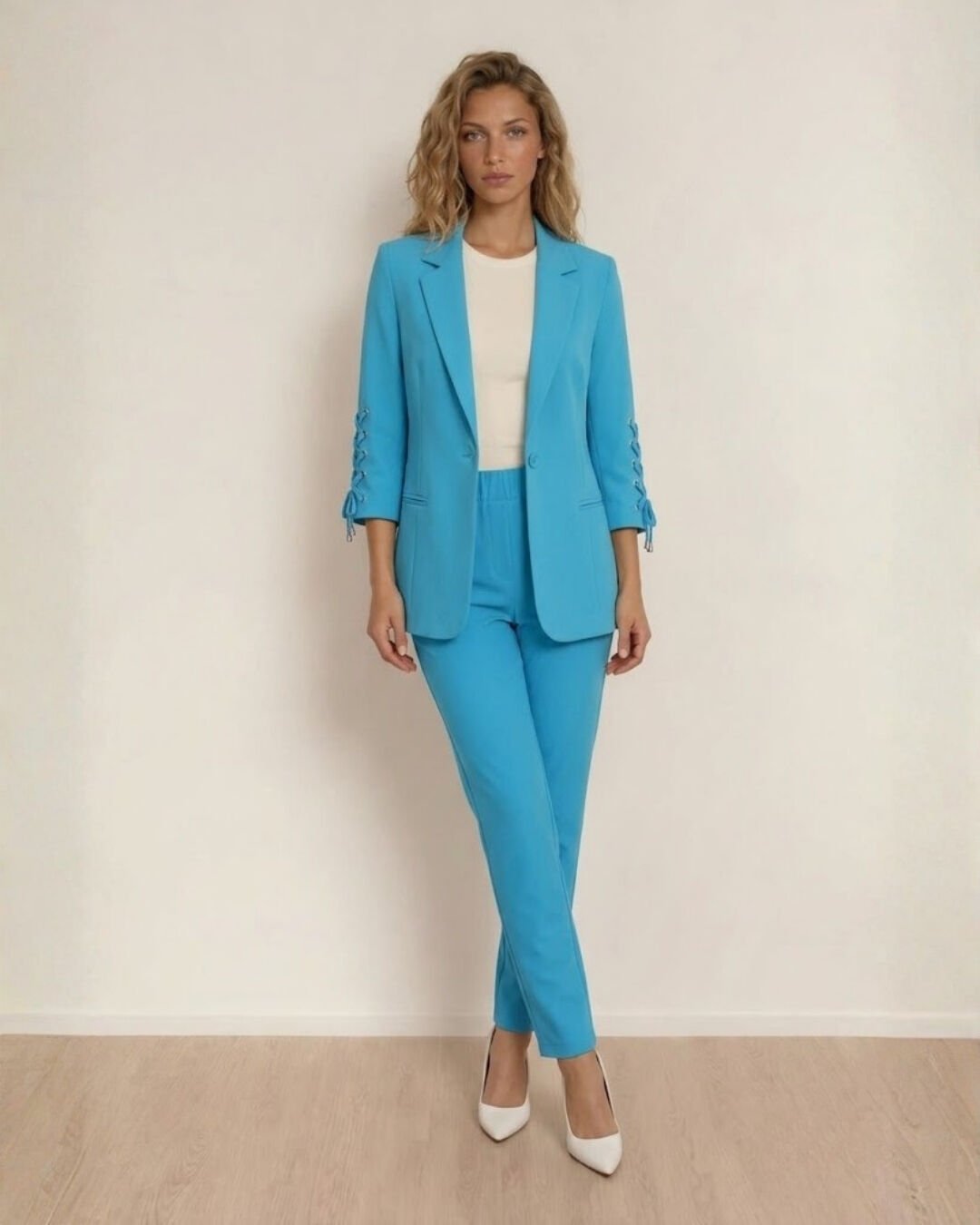Dina Yarım Kol Blazer Ceket & Pantolon Takım - TURKUAZ