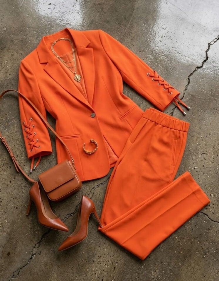 Dina Yarım Kol Blazer Ceket & Pantolon Takım - TURUNCU