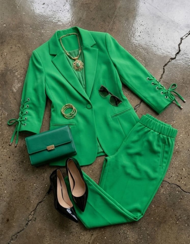 Dina Yarım Kol Blazer Ceket & Pantolon Takım - YEŞİL