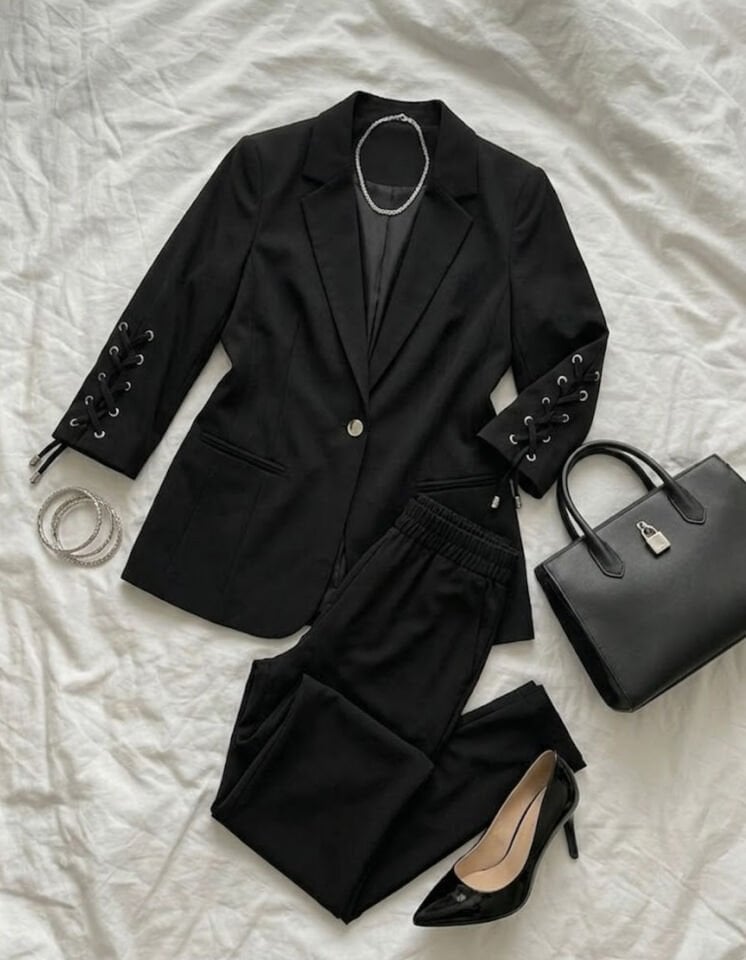 Dina Yarım Kol Blazer Ceket & Pantolon Takım - SİYAH